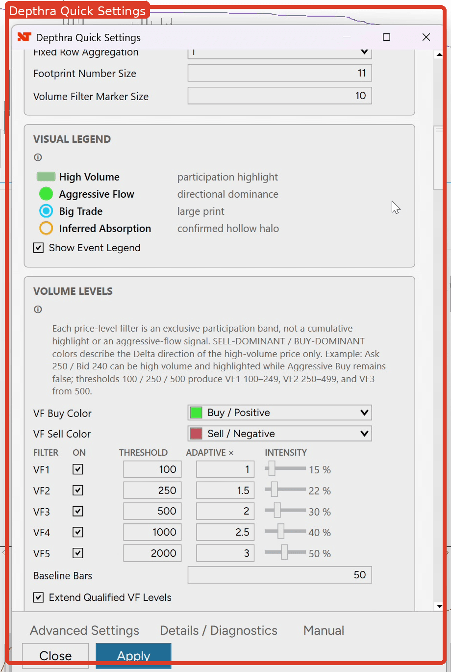 Depthra Quick Settings interface
